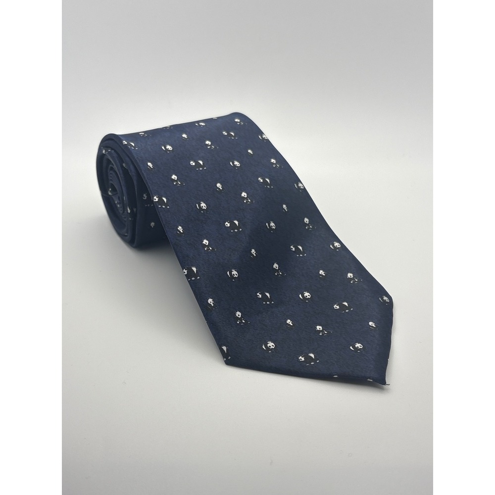 Kai Long Mens Panda Bear Silk Necktie Navy Blue Animal Print Handmade Silk Tie